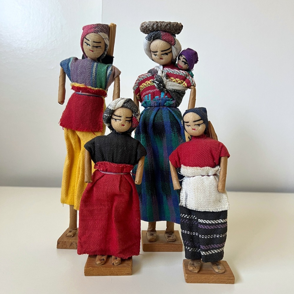 Vintage Guatemalan Folk Art Textile Dolls Handmade Figurines Set of 4